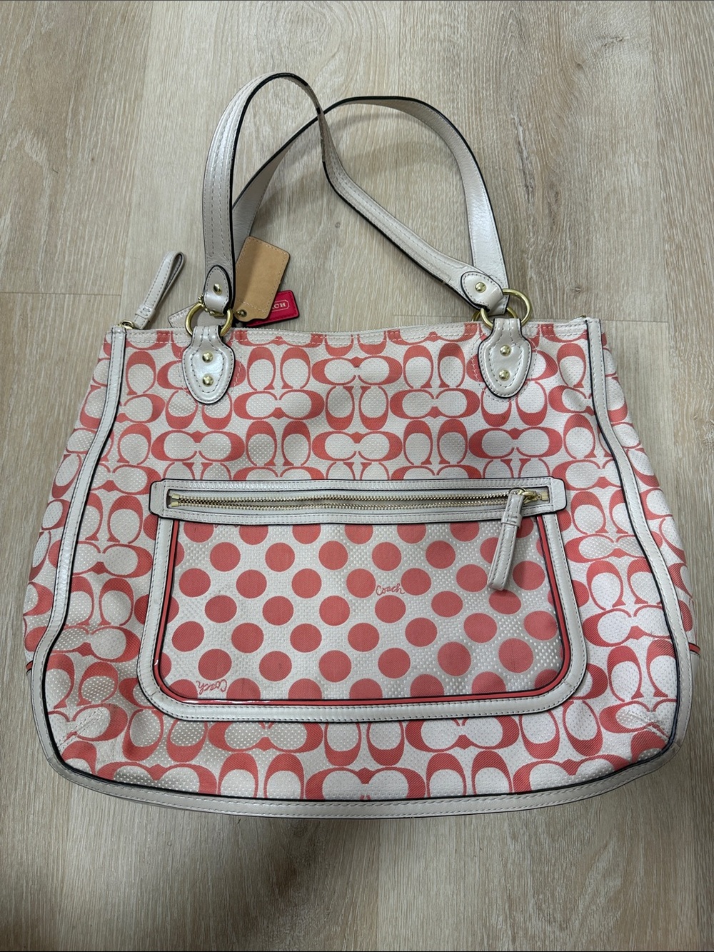 Coach Coral and Cream Signature Canvas Shoulder Tote